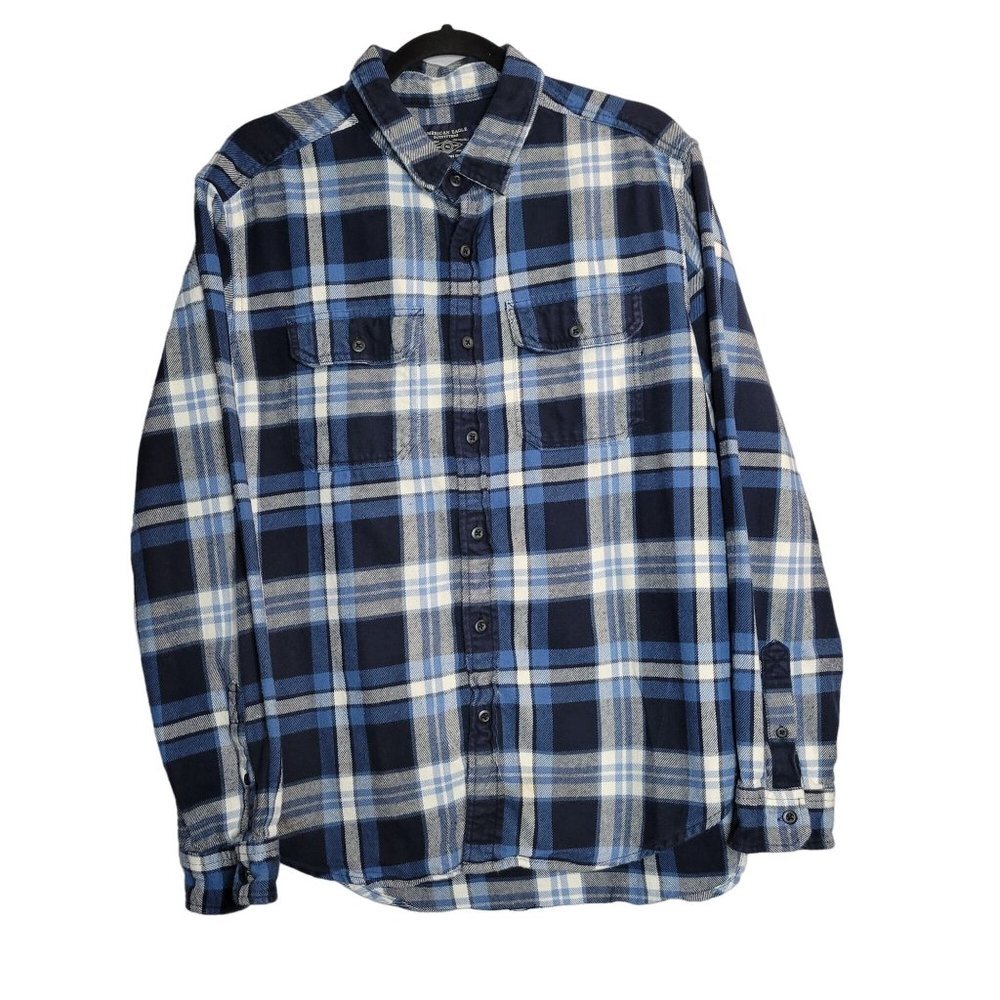 American‎ Eagle Men's Button Front Plaid Flannel Shirt Blue White sz XL
